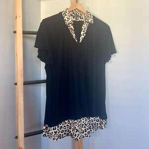 Adrianna Papell Black and Leopard V-Neck Collar Shirt
